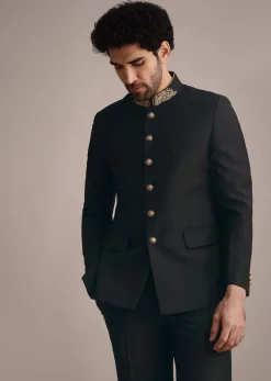 Black Rayon Jodhpuri Suit With Embroidered Collar
