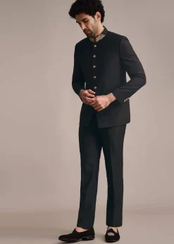 Black Rayon Jodhpuri Suit With Embroidered Collar