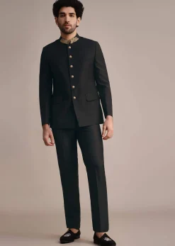 Black Rayon Jodhpuri Suit With Embroidered Collar