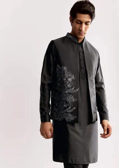 Black Rayon Kurta Jacket Set With Embroidery