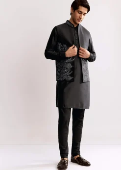 Black Rayon Kurta Jacket Set With Embroidery