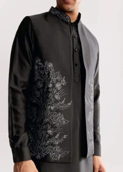 Black Rayon Kurta Jacket Set With Embroidery
