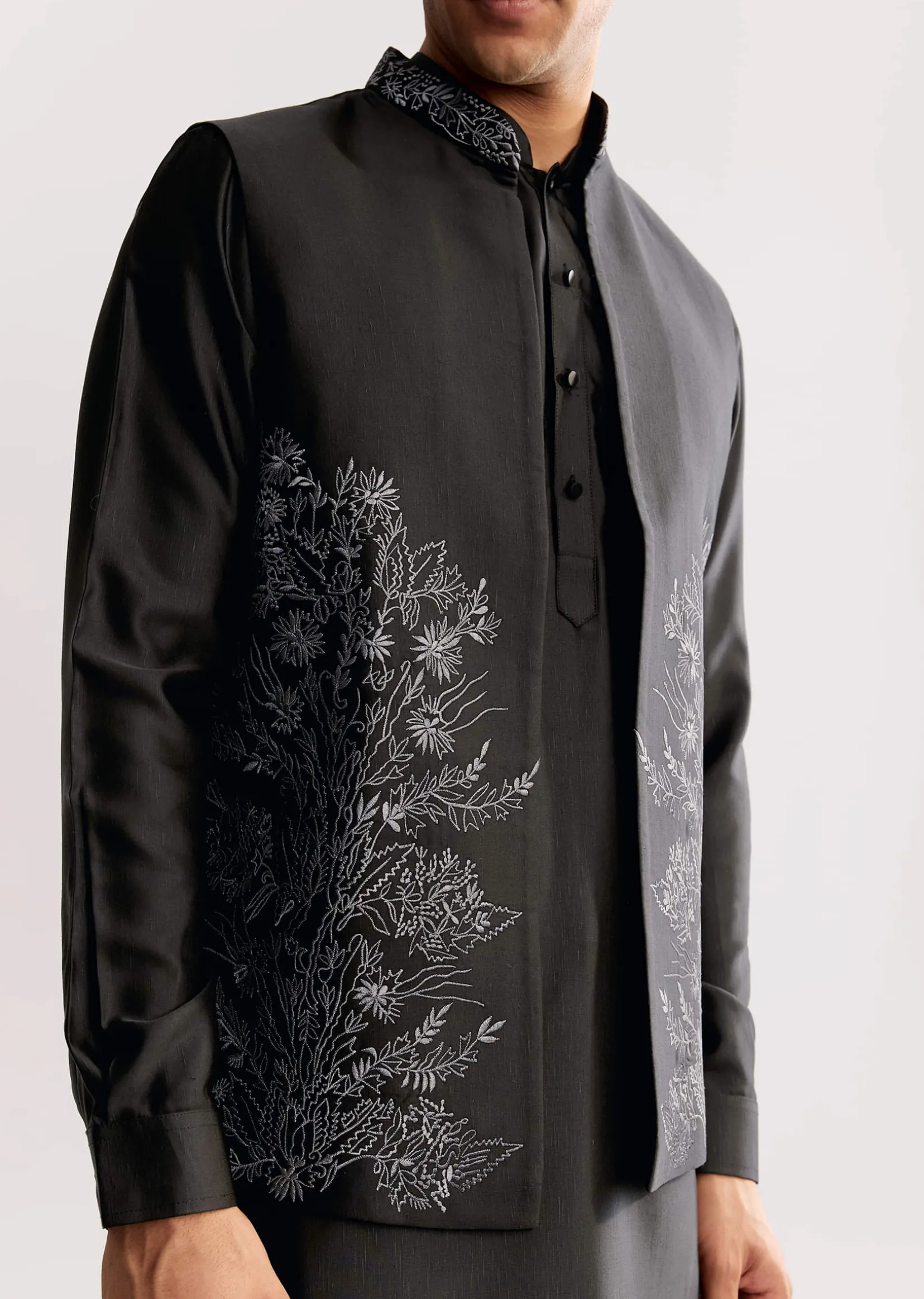Black Rayon Kurta Jacket Set With Embroidery