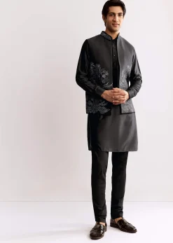 Black Rayon Kurta Jacket Set With Embroidery