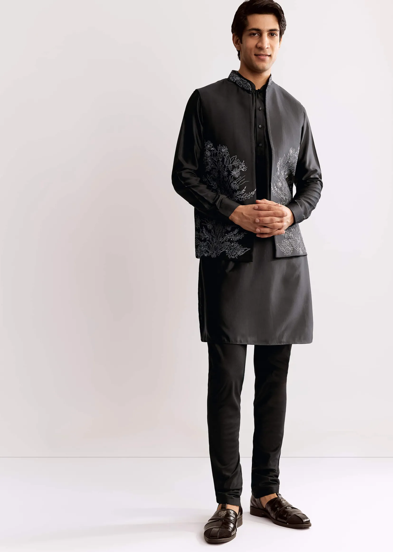 Black Rayon Kurta Jacket Set With Embroidery