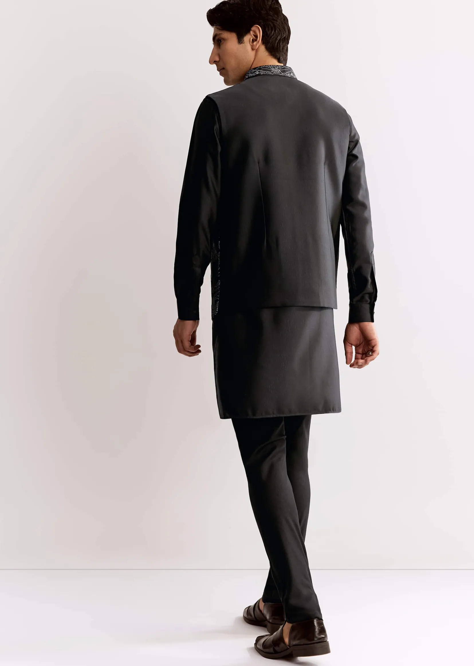Black Rayon Kurta Jacket Set With Embroidery