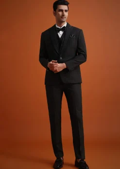 Black Rayon Tuxedo And Pant Set With Embellished Stones