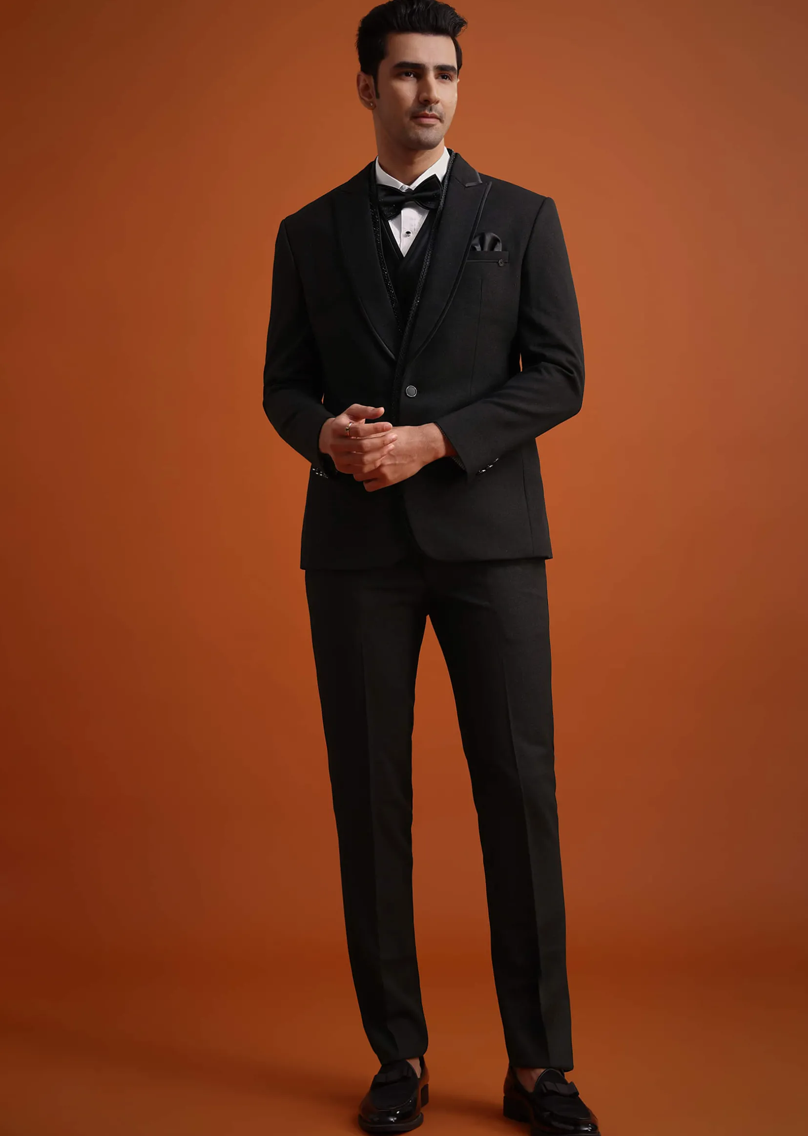Black Rayon Tuxedo And Pant Set With Embellished Stones