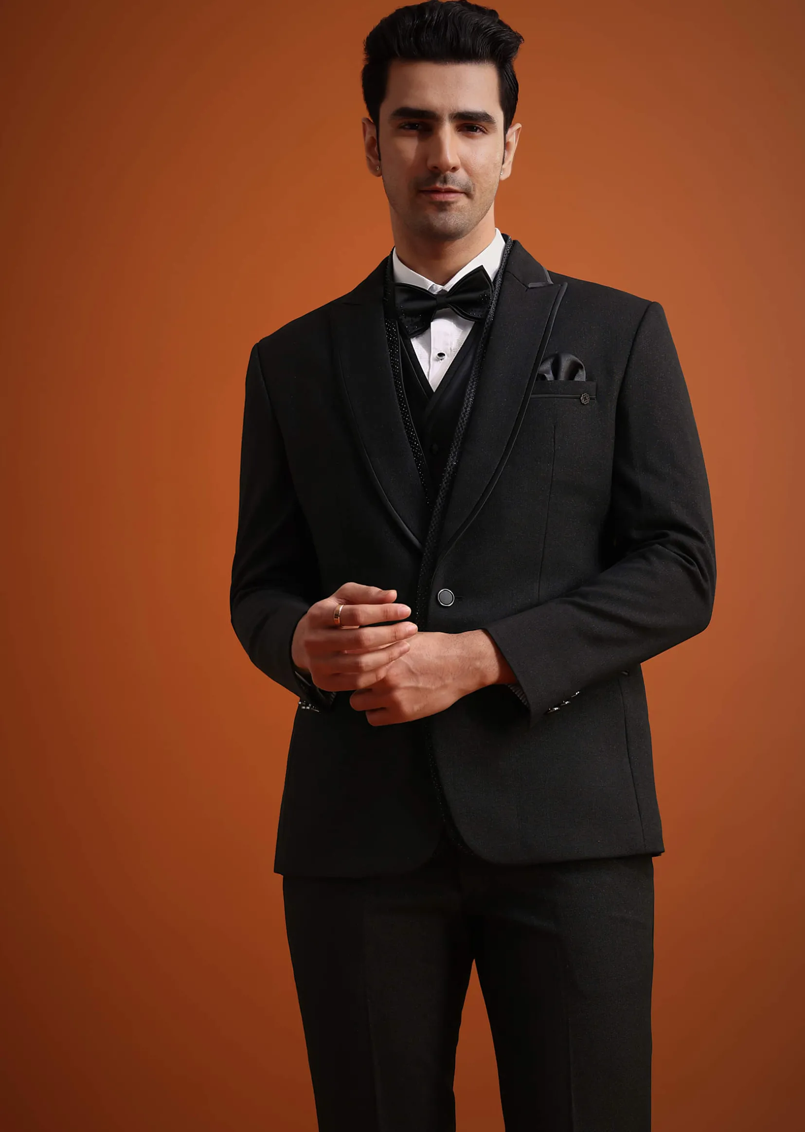 Black Rayon Tuxedo And Pant Set With Embellished Stones