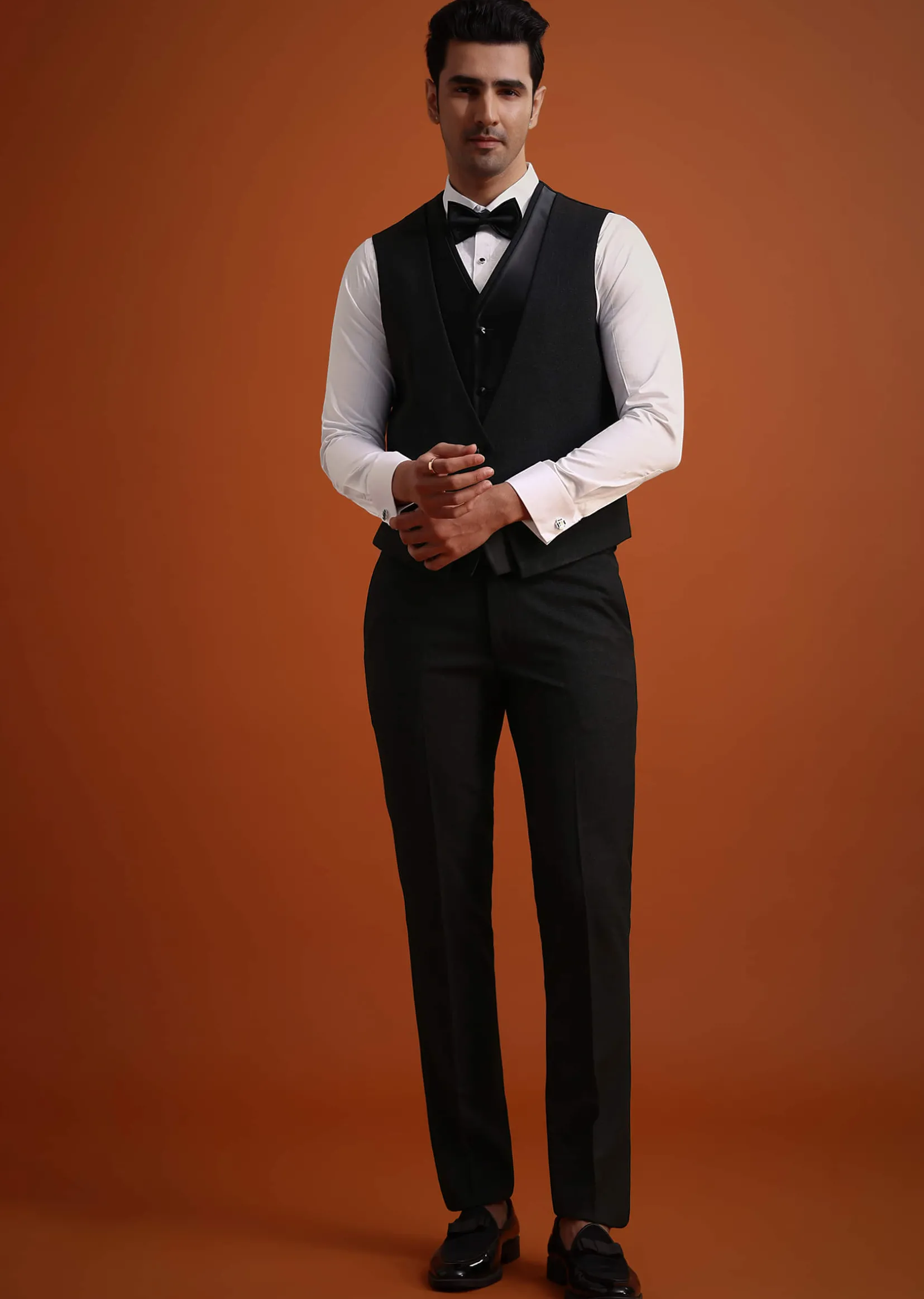 Black Rayon Tuxedo And Pant Set With Embellished Stones