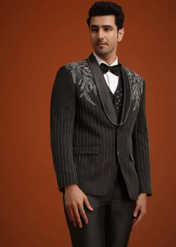 Black Rayon Tuxedo Set With Stone And Cutdana Work