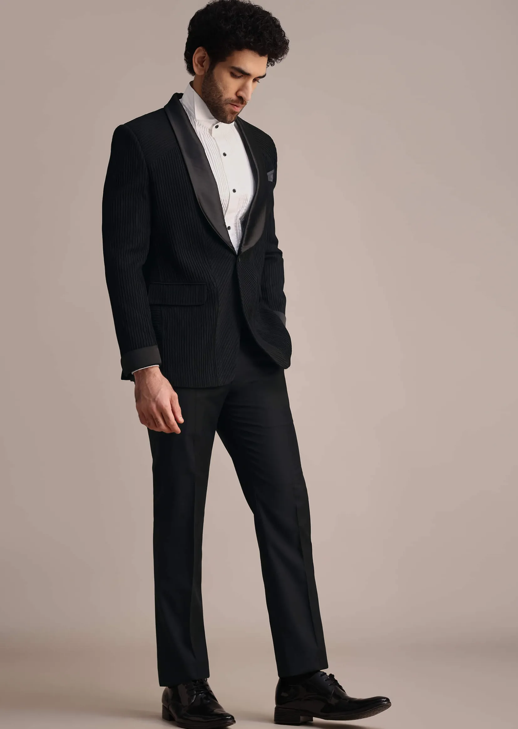 Black Rayon Tuxedo With Pintuck Detailing