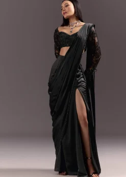 Black Ready Drape Slit Saree With Full Sleeve Blouse