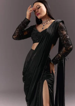 Black Ready Drape Slit Saree With Full Sleeve Blouse