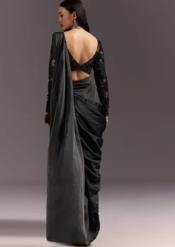 Black Ready Drape Slit Saree With Full Sleeve Blouse
