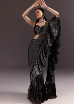 Black Ready Pleated Saree With Ruching Blouse And Frills