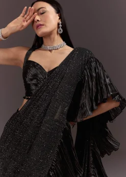 Black Ready Pleated Saree With Ruching Blouse And Frills