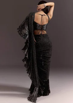 Black Ready Pleated Saree With Ruching Blouse And Frills