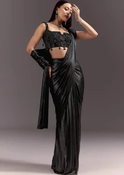 Black Ready To Drape Frill Saree With Ruching Blouse