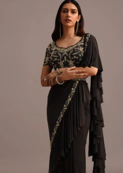 Black Ready To Wear Frills Saree With Embroided Blouse And Belt