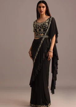 Black Ready To Wear Frills Saree With Embroided Blouse And Belt