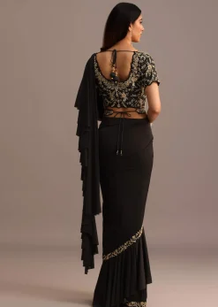 Black Ready To Wear Frills Saree With Embroided Blouse And Belt