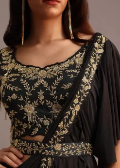 Black Ready To Wear Frills Saree With Embroided Blouse And Belt