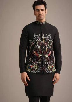 Black Resham Embroidered Jacket And Kurta Set In Silk