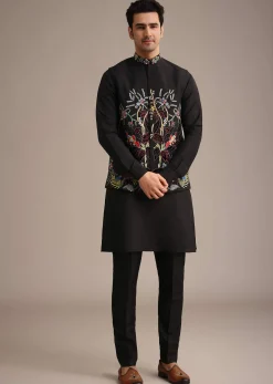 Black Resham Embroidered Jacket And Kurta Set In Silk