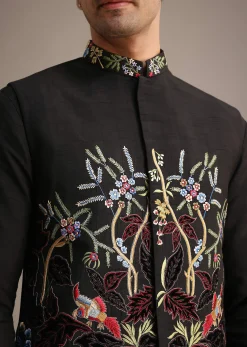 Black Resham Embroidered Jacket And Kurta Set In Silk