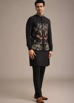 Black Resham Embroidered Jacket And Kurta Set In Silk