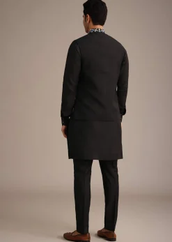 Black Resham Embroidered Jacket And Kurta Set In Silk