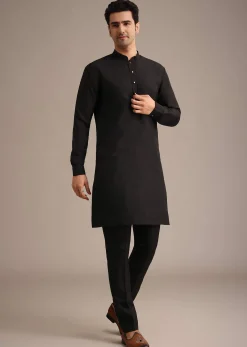 Black Resham Embroidered Jacket And Kurta Set In Silk