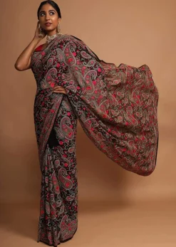 Black Saree In Georgette With Kashmiri Embroidery In Paisley And Floral Jaal