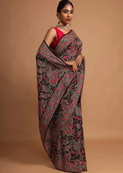 Black Saree In Georgette With Kashmiri Embroidery In Paisley And Floral Jaal