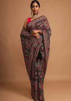 Black Saree In Georgette With Kashmiri Embroidery In Paisley And Floral Jaal