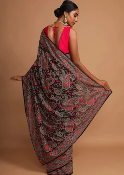 Black Saree In Georgette With Kashmiri Embroidery In Paisley And Floral Jaal