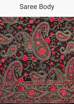 Black Saree In Georgette With Kashmiri Embroidery In Paisley And Floral Jaal