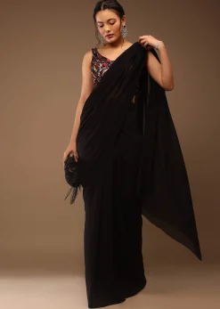 Black Saree With A Crop Top In Multi-Colored Sequins Embellishment Padded With Tie-Up Tassel Dori At The Back