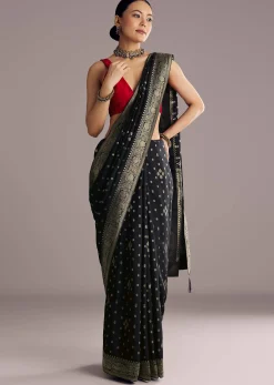 Black Saree With Woven Buttis In Brocade Weave