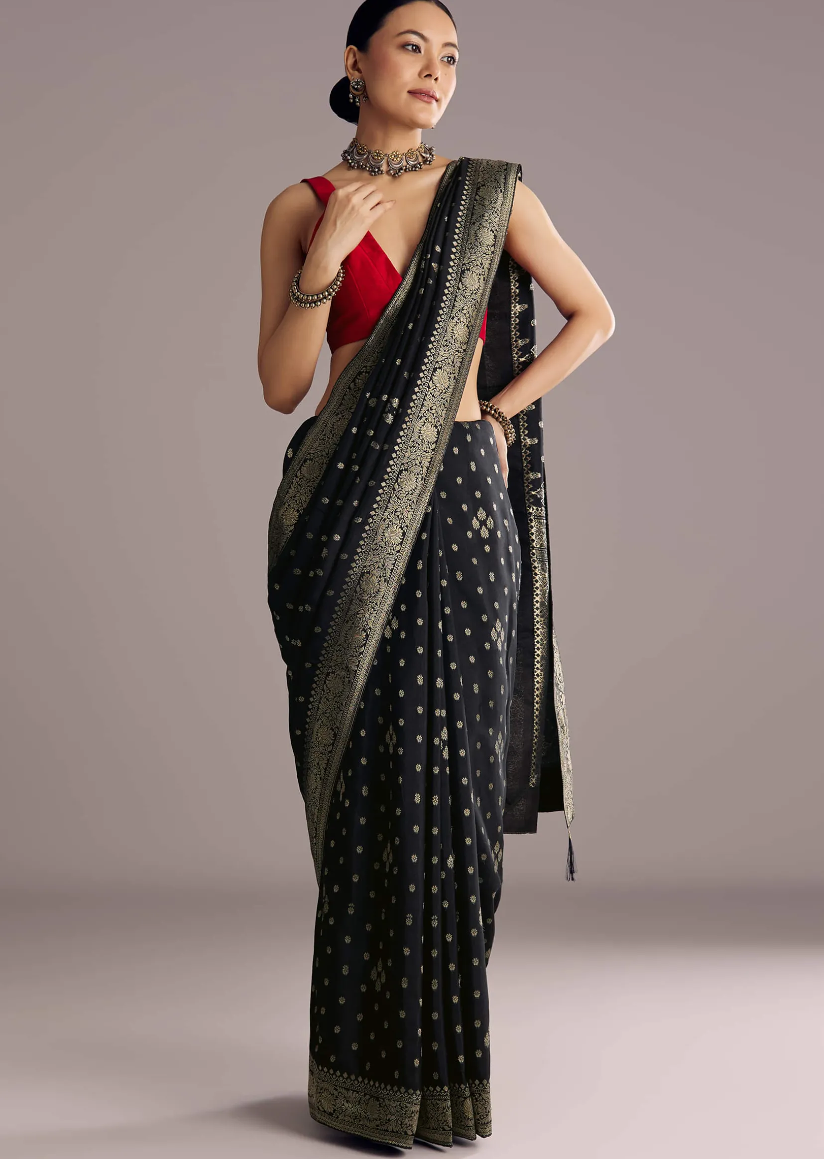 Black Saree With Woven Buttis In Brocade Weave