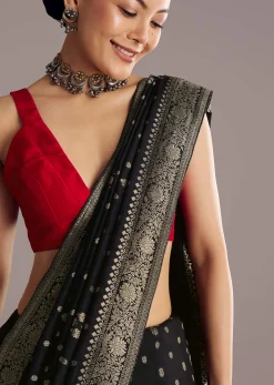 Black Saree With Woven Buttis In Brocade Weave