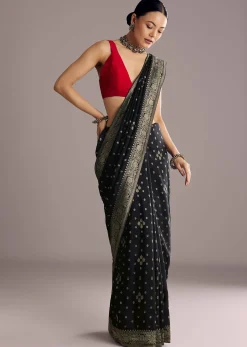Black Saree With Woven Buttis In Brocade Weave