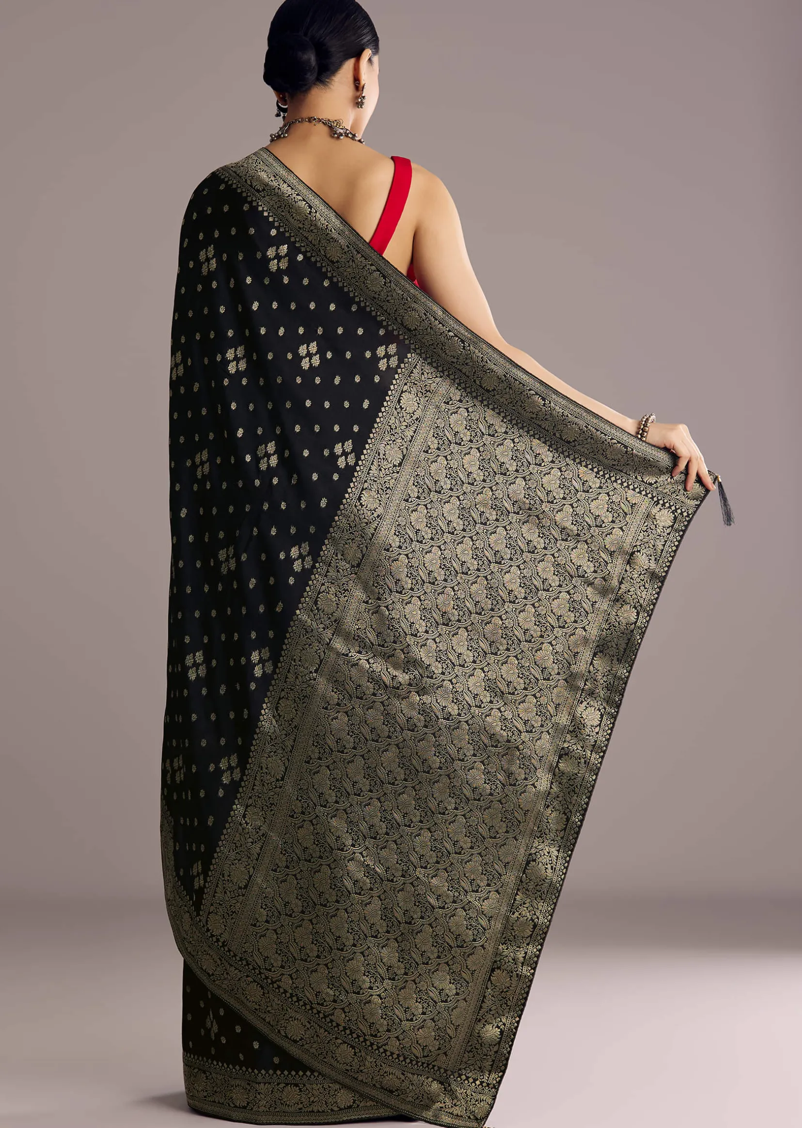 Black Saree With Woven Buttis In Brocade Weave