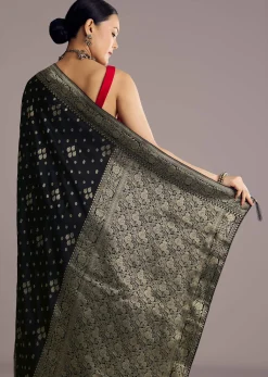 Black Saree With Woven Buttis In Brocade Weave