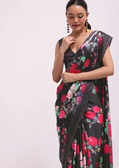 Black Satin Floral Printed Saree With Unstitched Blouse
