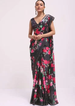Black Satin Floral Printed Saree With Unstitched Blouse