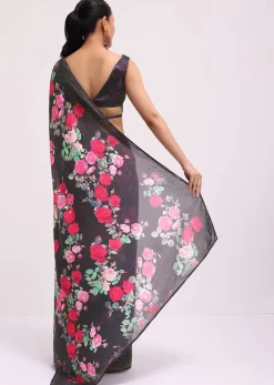 Black Satin Floral Printed Saree With Unstitched Blouse
