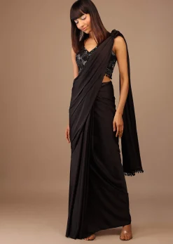 Black Satin Saree With Hand Embroidered Blouse With Fringes On The Hem