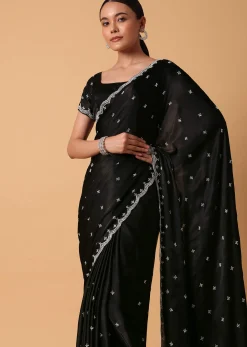 Black Satin Saree With Stone Embellishments And Unstitched Blouse Piece